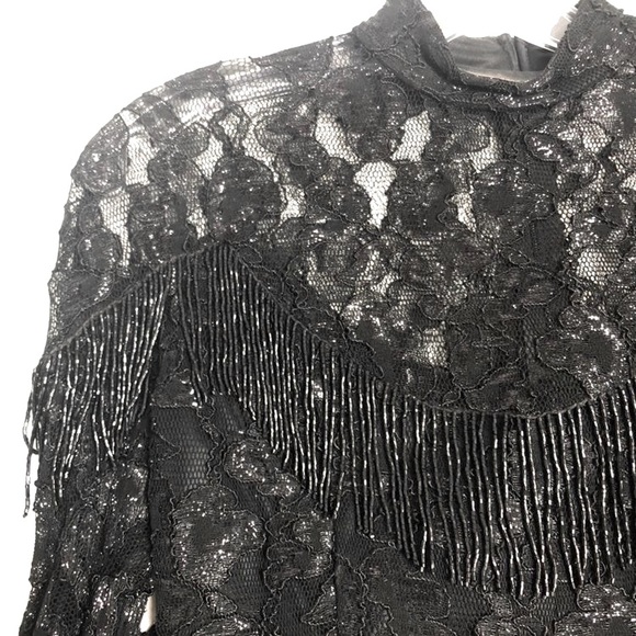 Vintage Black Lace Midi Dress with Beaded Fringe Detail - Picture 3 of 7